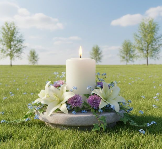 Memorial candle with flowers in a serene setting for Upper Darby, PA funeral home and cremations