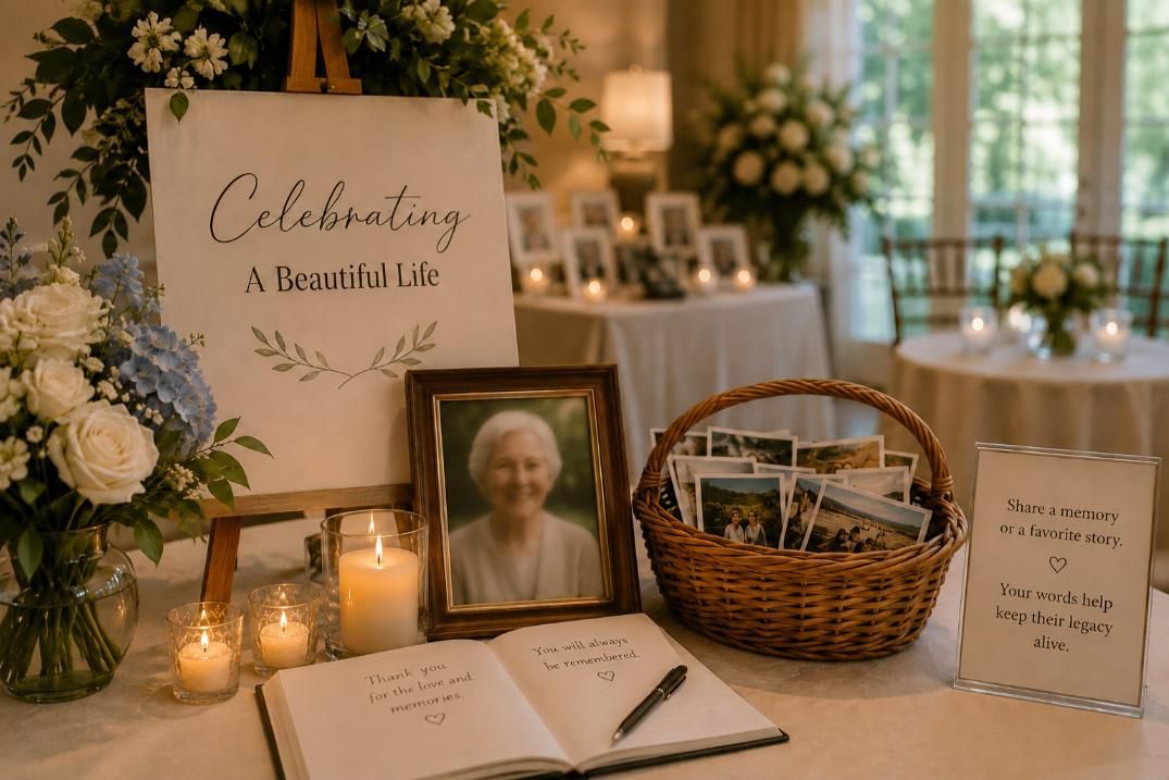 Celebration of life table with photos and candles, funeral homes Newtown Square, PA