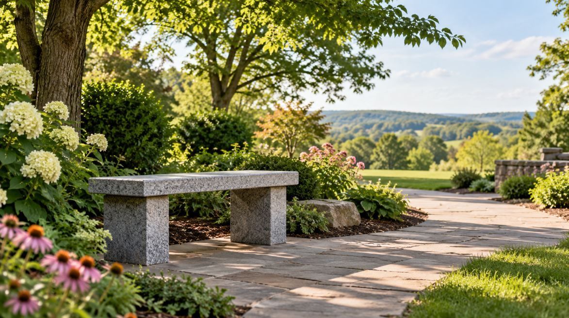 Granite memorial bench beside flowers and scenic views in Downingtown, PA