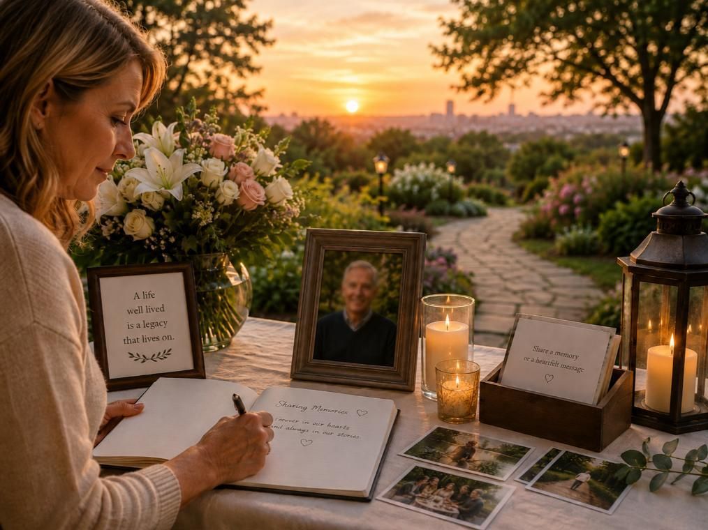 Woman writes memories beside a portrait and flowers, cremation services Newtown Square, PA