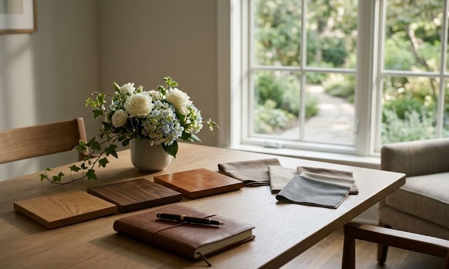 Wood finish samples and fabric options guide casket selection, funeral homes Upper Darby, PA
