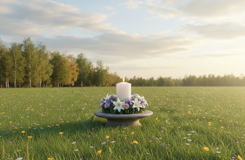 Tranquil memorial display in meadow for Upper Darby, PA funeral home and cremations