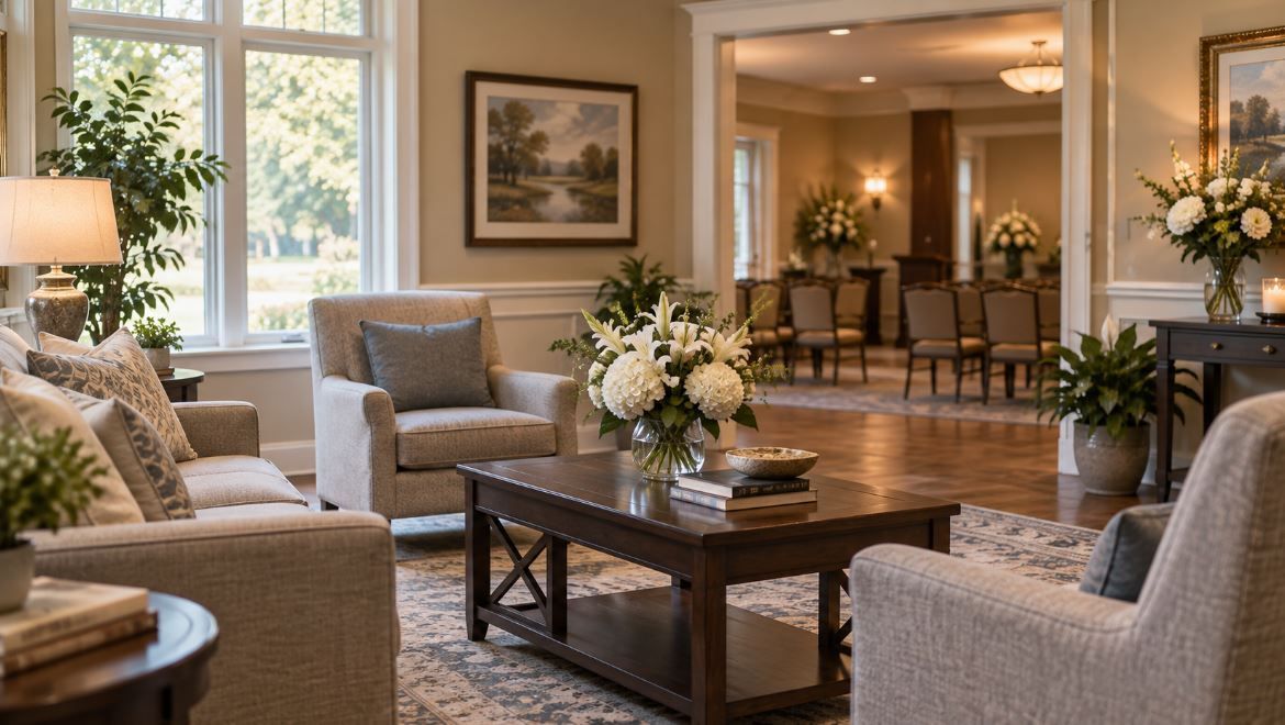 Bright funeral gathering space with cozy seating brings calm in Newtown Square, PA