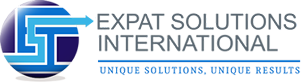Expat Solutions International logo with blue globe icon and gray text, plus tagline “Unique Solutions, Unique Results”