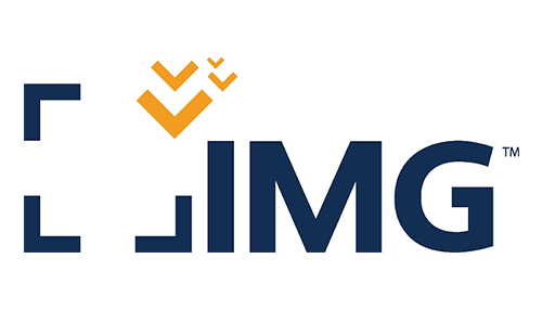 IMG logo in navy blue with an orange chevron mark and crop-corner icon