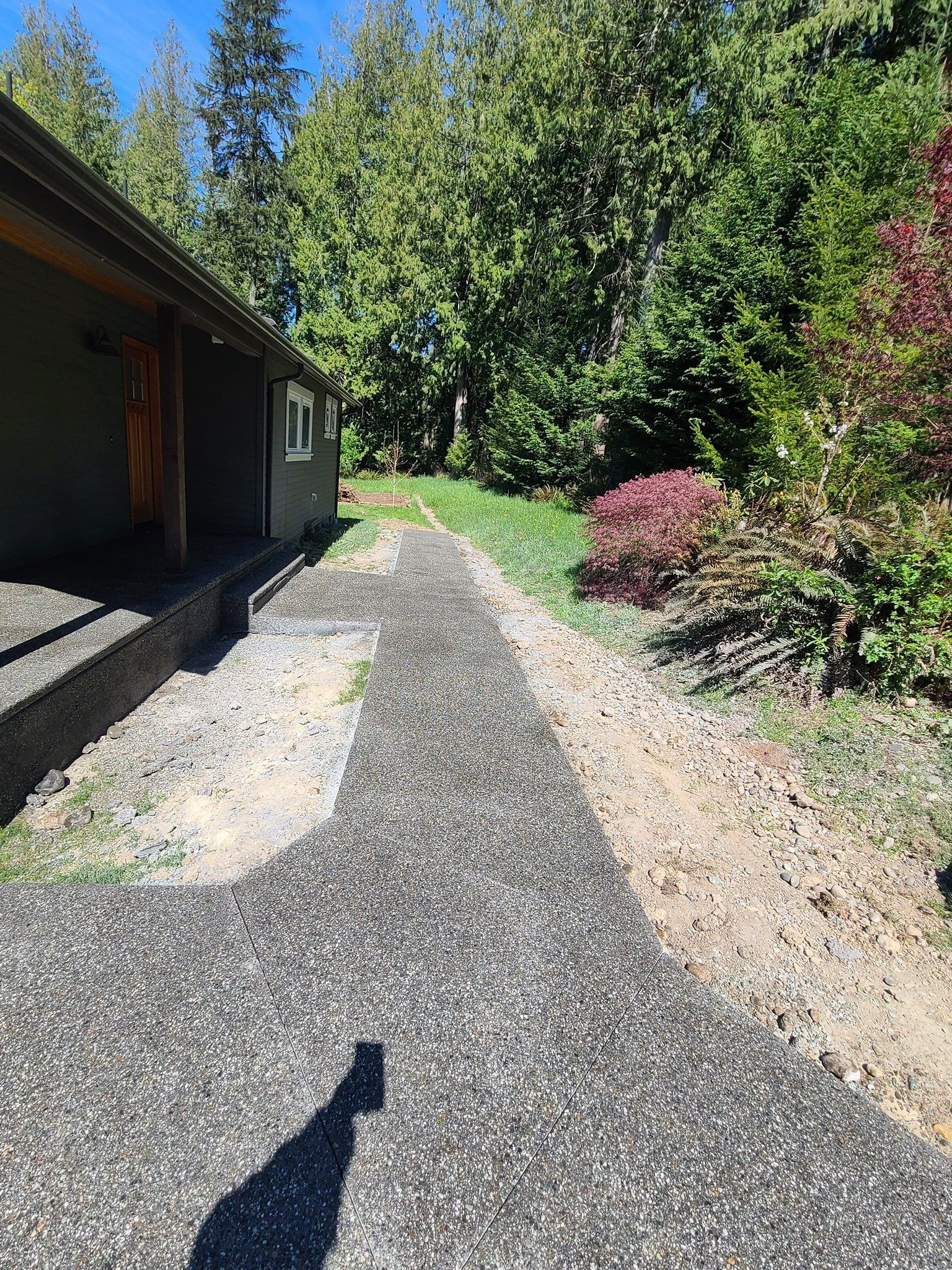 A gravel driveway leading to a house in the woods.