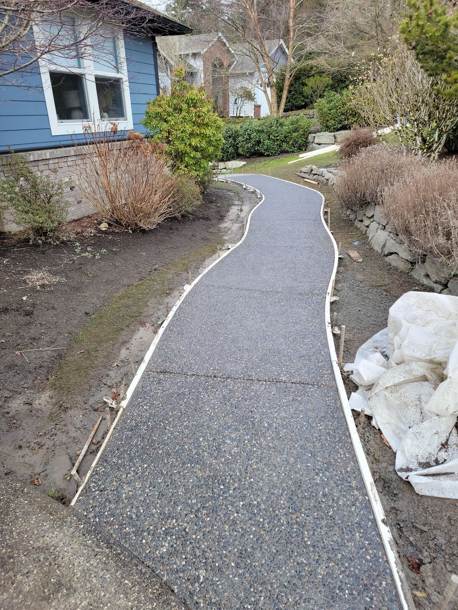 A concrete walkway leading to a house in a garden.