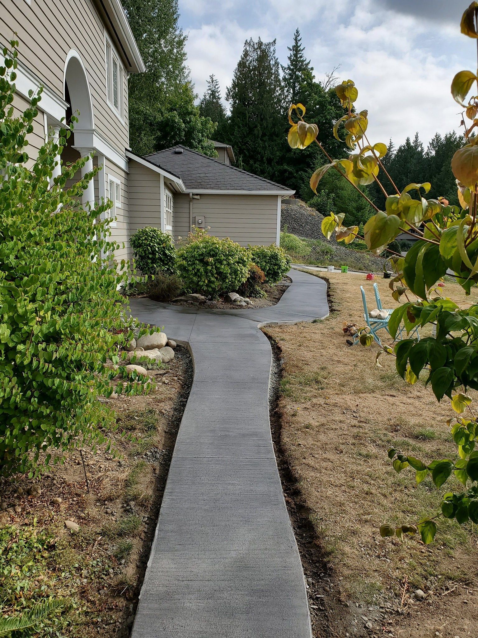 A concrete walkway leading to a house surrounded by trees and bushes.