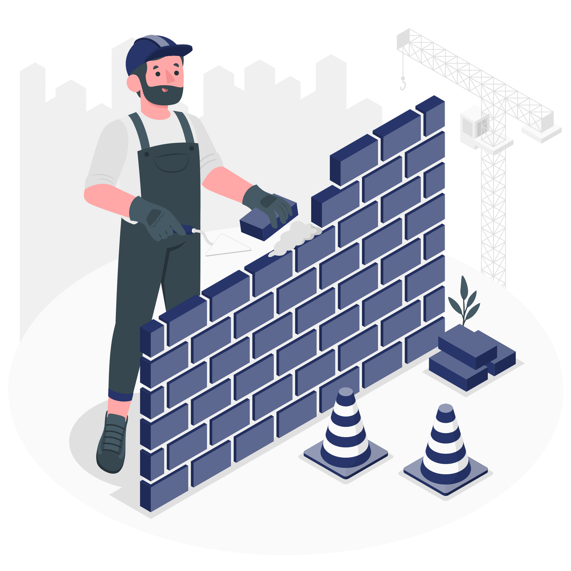 A man is building a brick wall with a crane in the background.