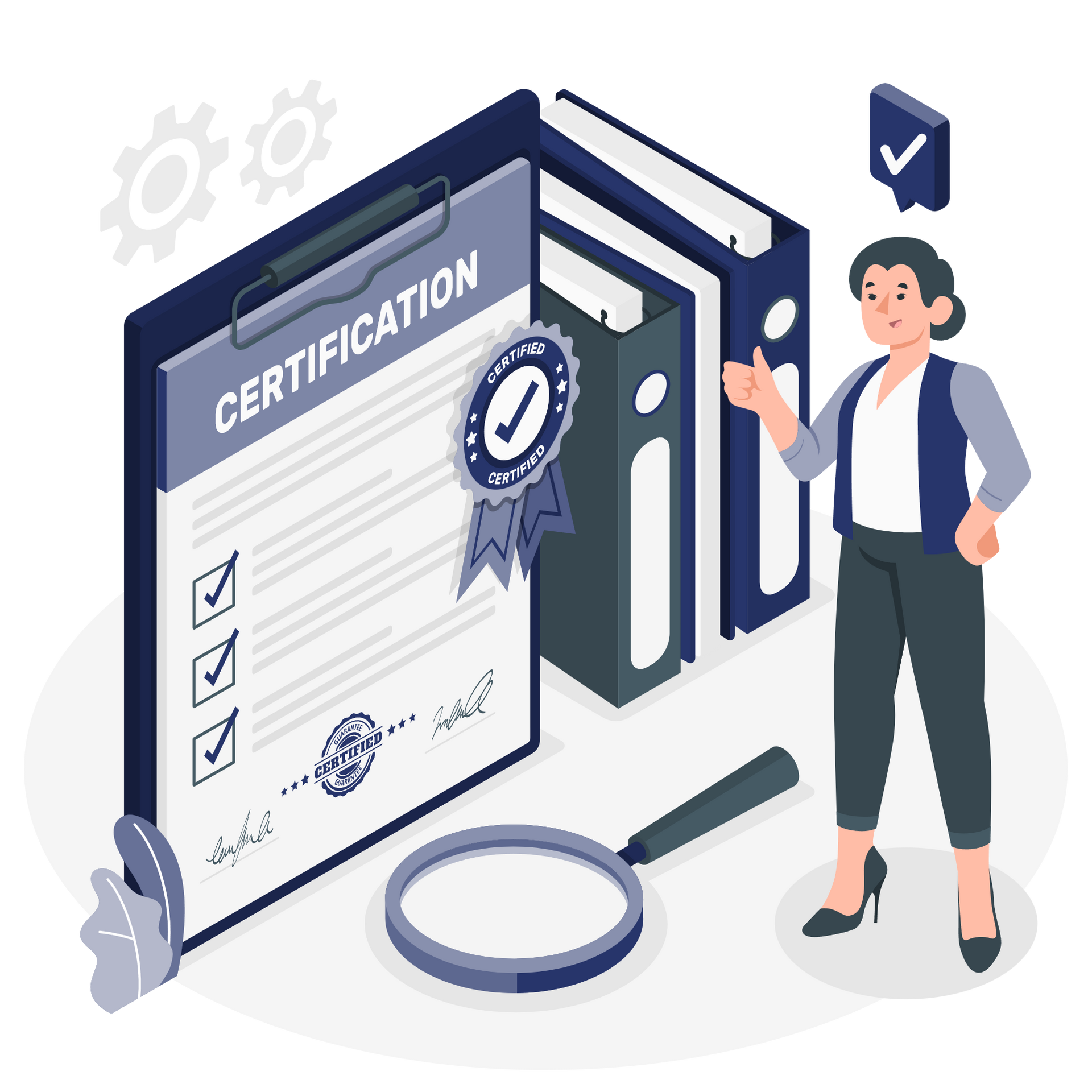 A woman is standing in front of a clipboard with a certificate on it.