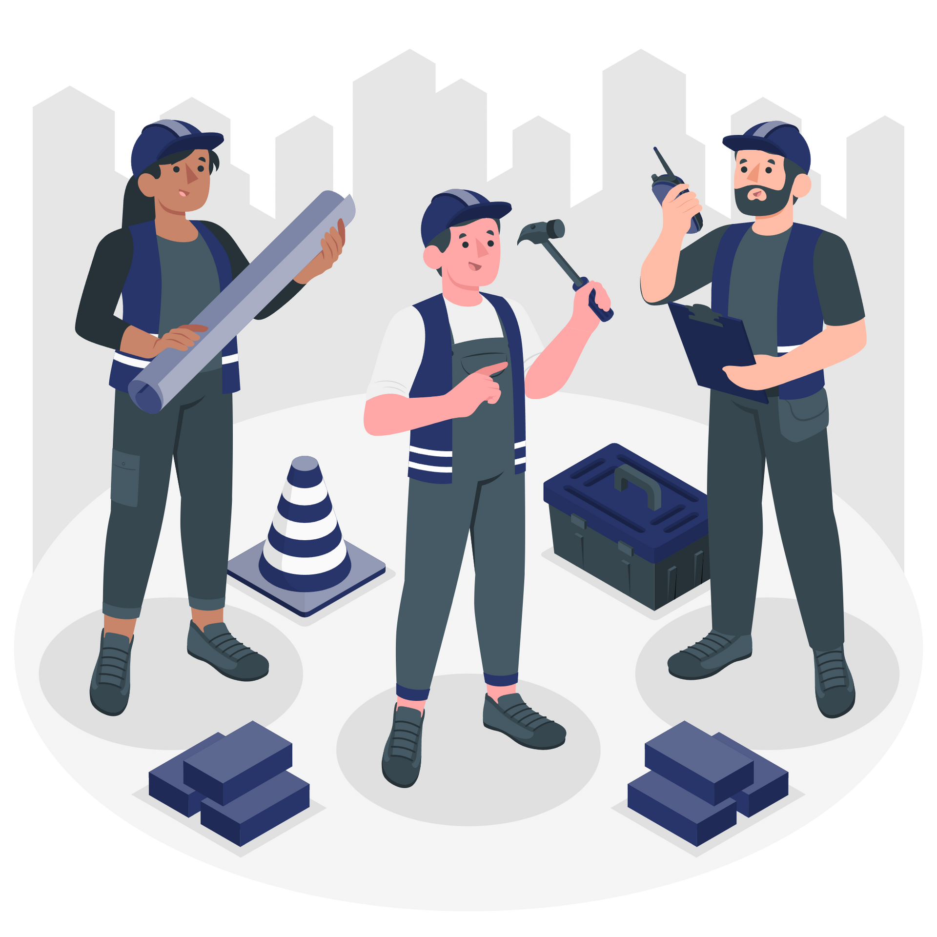 A group of construction workers are standing next to each other holding tools.