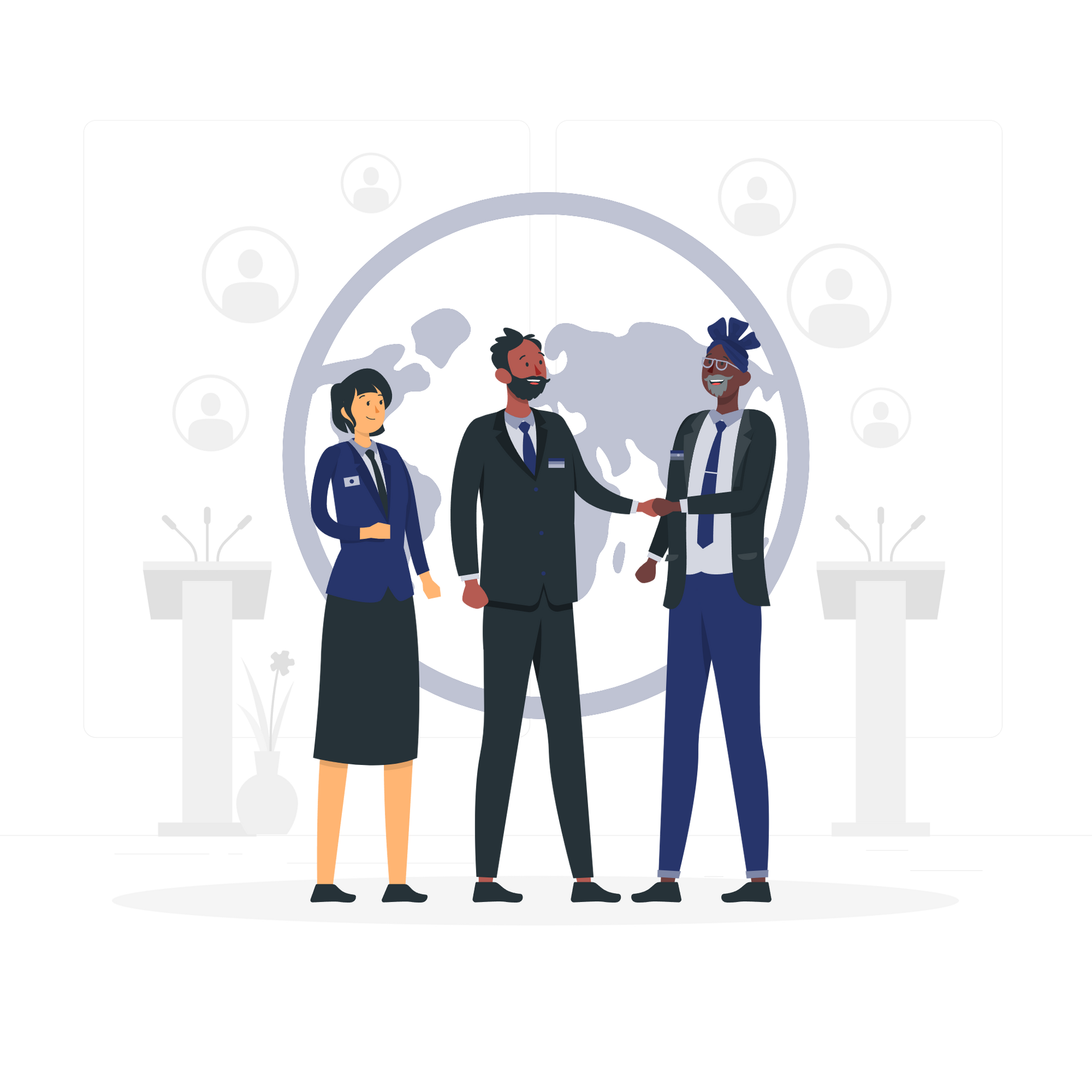 A group of business people are shaking hands in front of a map of the world.