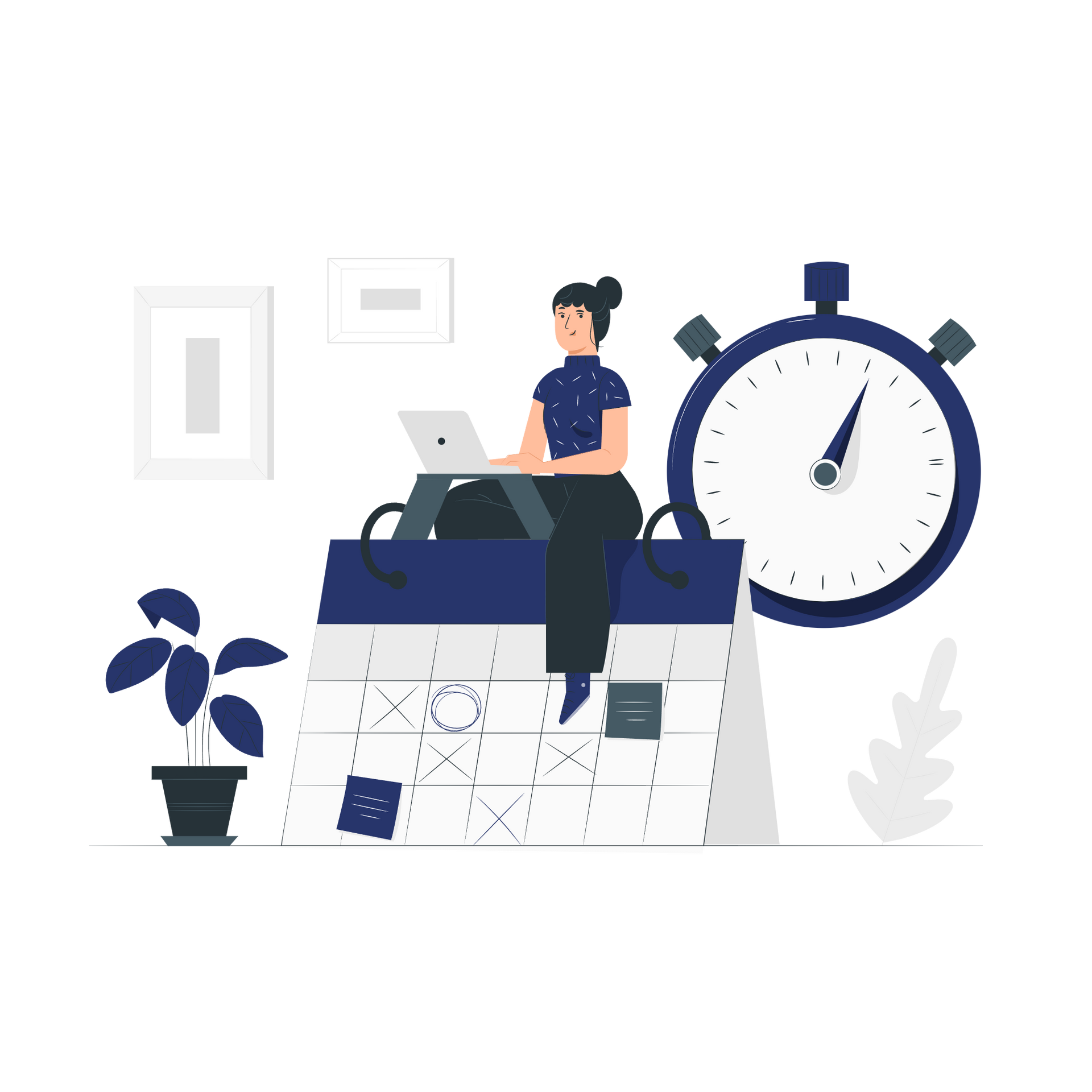 A woman is sitting on a calendar with a laptop and a stopwatch.