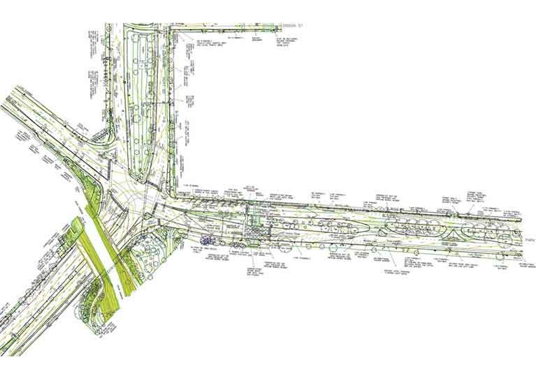 A drawing of an intersection with a lot of trees on a white background.