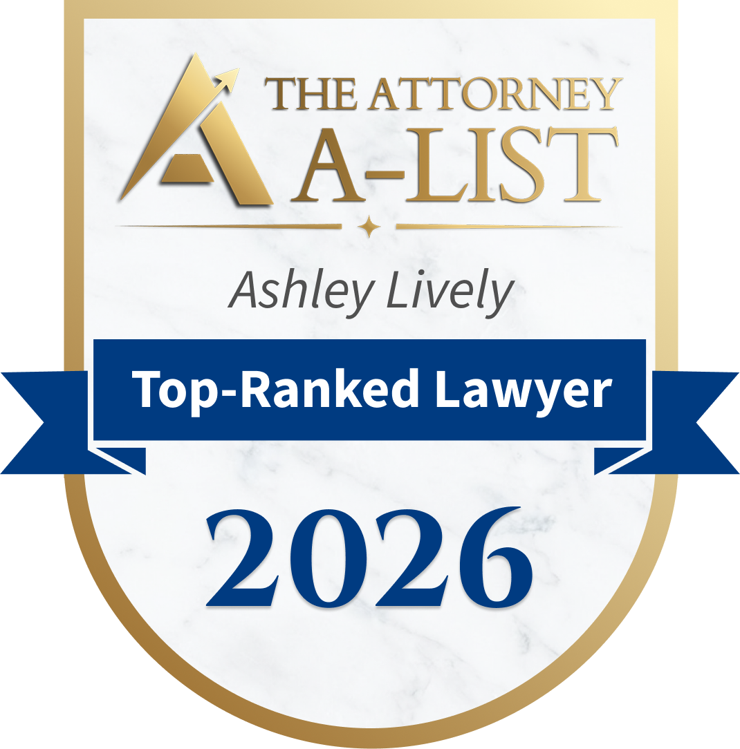 A-LIST Top-Ranked Lawyer award badge for Ashley Lively, 2026, gold and blue design