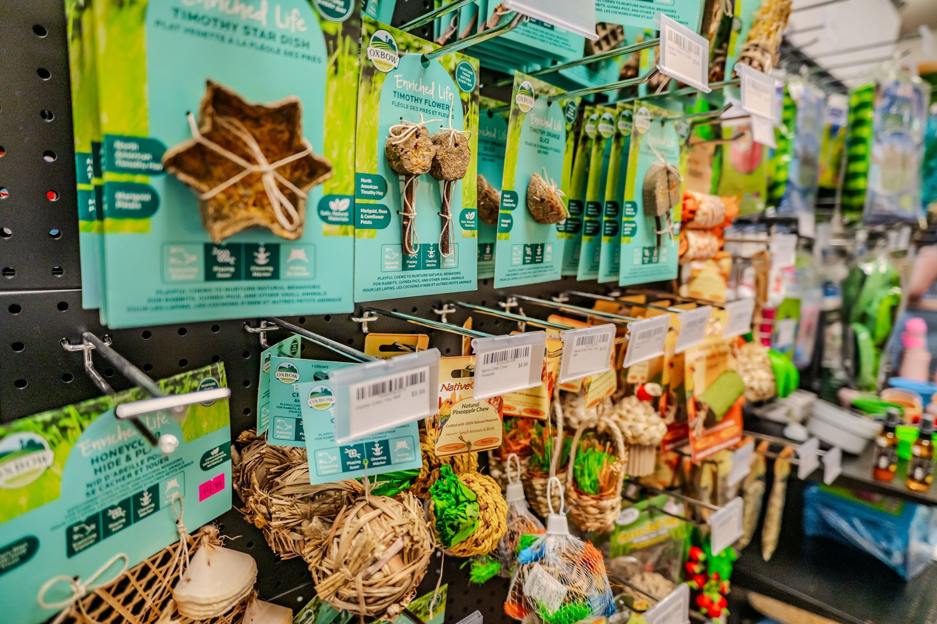 Pet toys for birds displayed on store shelving.