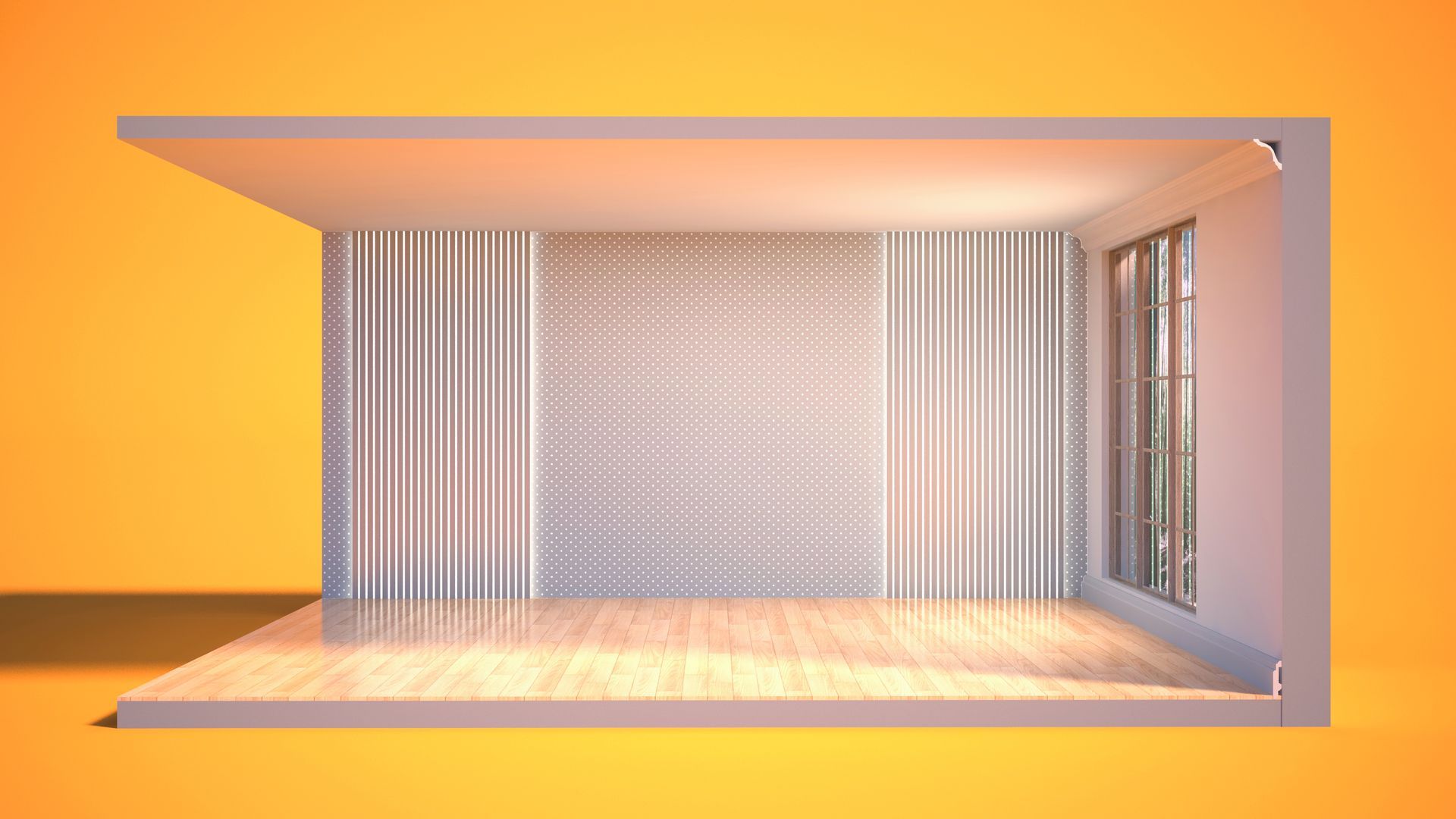 Modello di stanza vuota con pareti strutturate, pavimento in legno, finestra e sfondo arancione.