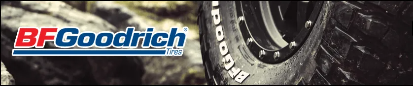 BFGoodrich logo beside a close-up off-road tire with white lettering