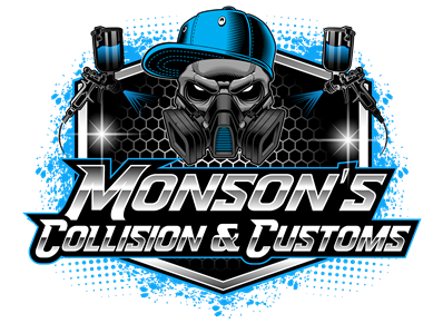 Logo for Monson's Collision & Customs: Skull with respirator and cap, spray guns, blue and silver design.