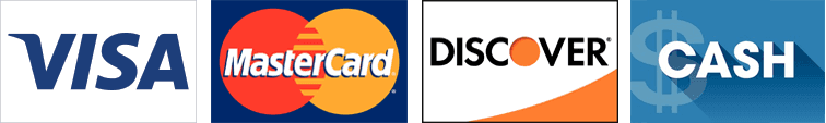 VISA, MasterCard, Discover, and cash payment logos in blue, red, orange, and blue panels