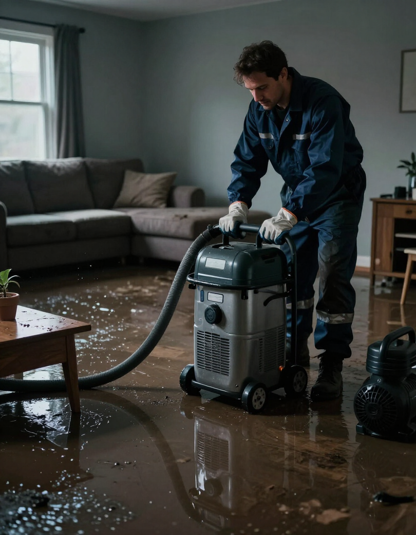 Water damage restoration technician extracting water from flooded room