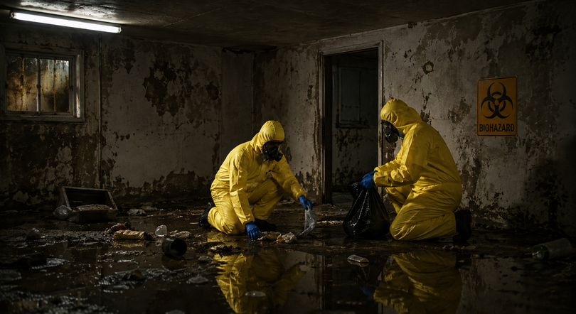 Biohazard cleanup technician in full PPE at decontamination scene