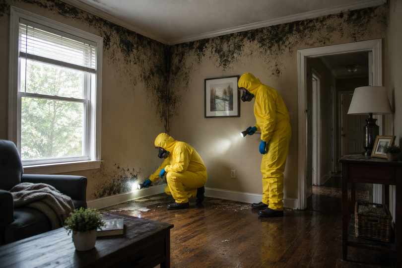 Certified mold remediation technician in full PPE collecting surface sample
