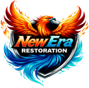 New Era Restoration logo with a fiery orange phoenix above blue wave flames