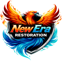 New Era Restoration logo with a fiery orange phoenix above blue wave flames