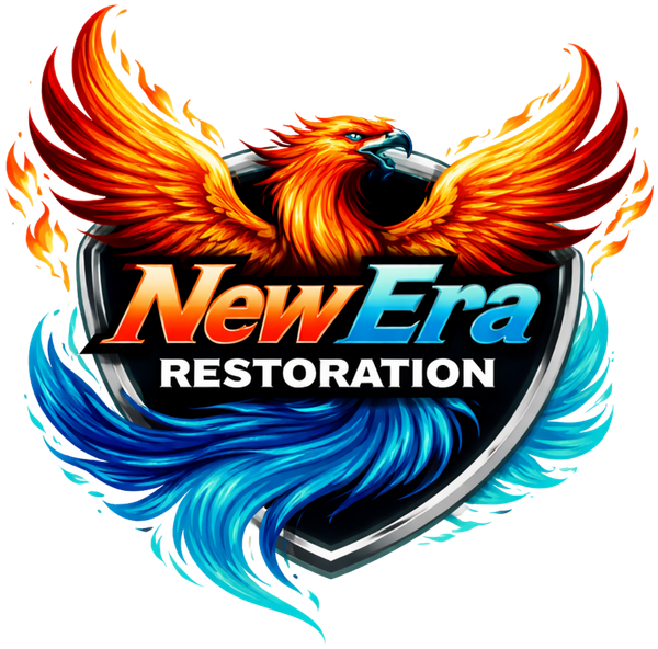 Phoenix logo with orange and blue wings, reading “New Era Restoration” in bold text