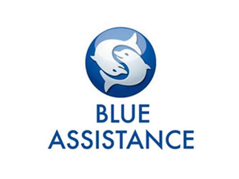 Logo di Blue Assistance: due delfini bianchi stilizzati che formano un cerchio all'interno di una sfera blu sopra la scritta 