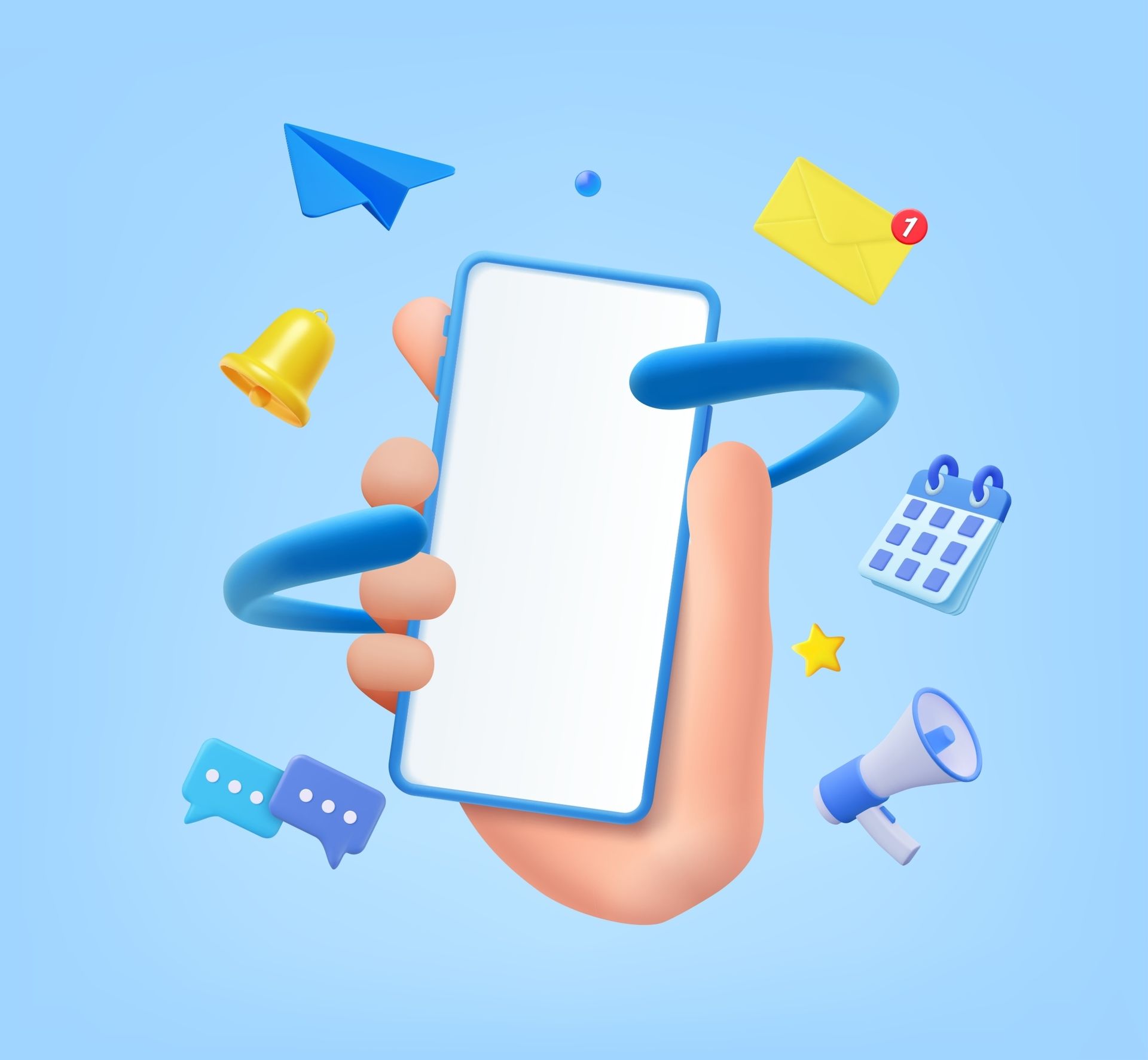A hand is holding a cell phone with icons flying around it.