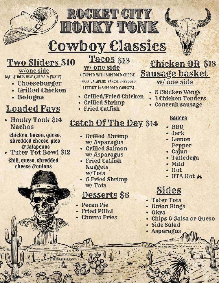 A menu for a restaurant called rocket city honky tonk