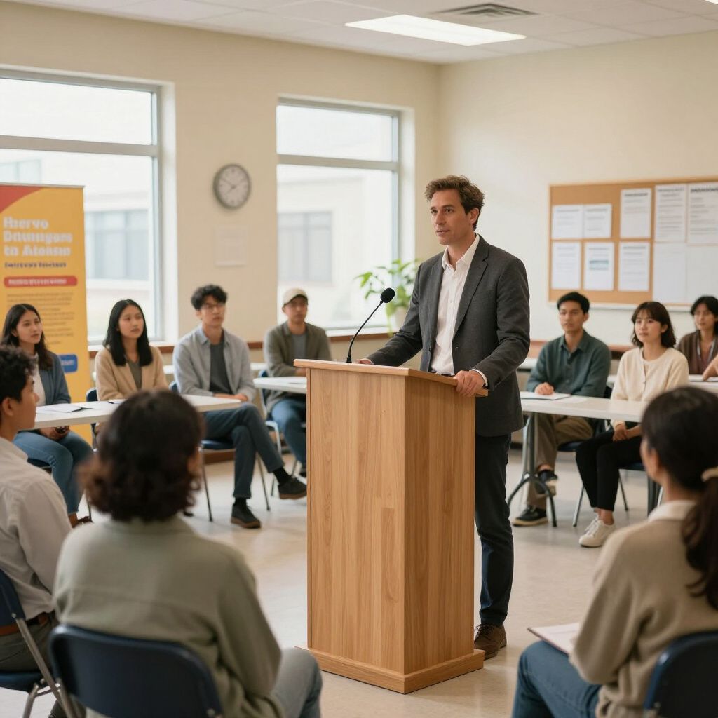 Man speaking at a podium in a classroom; students listen.
