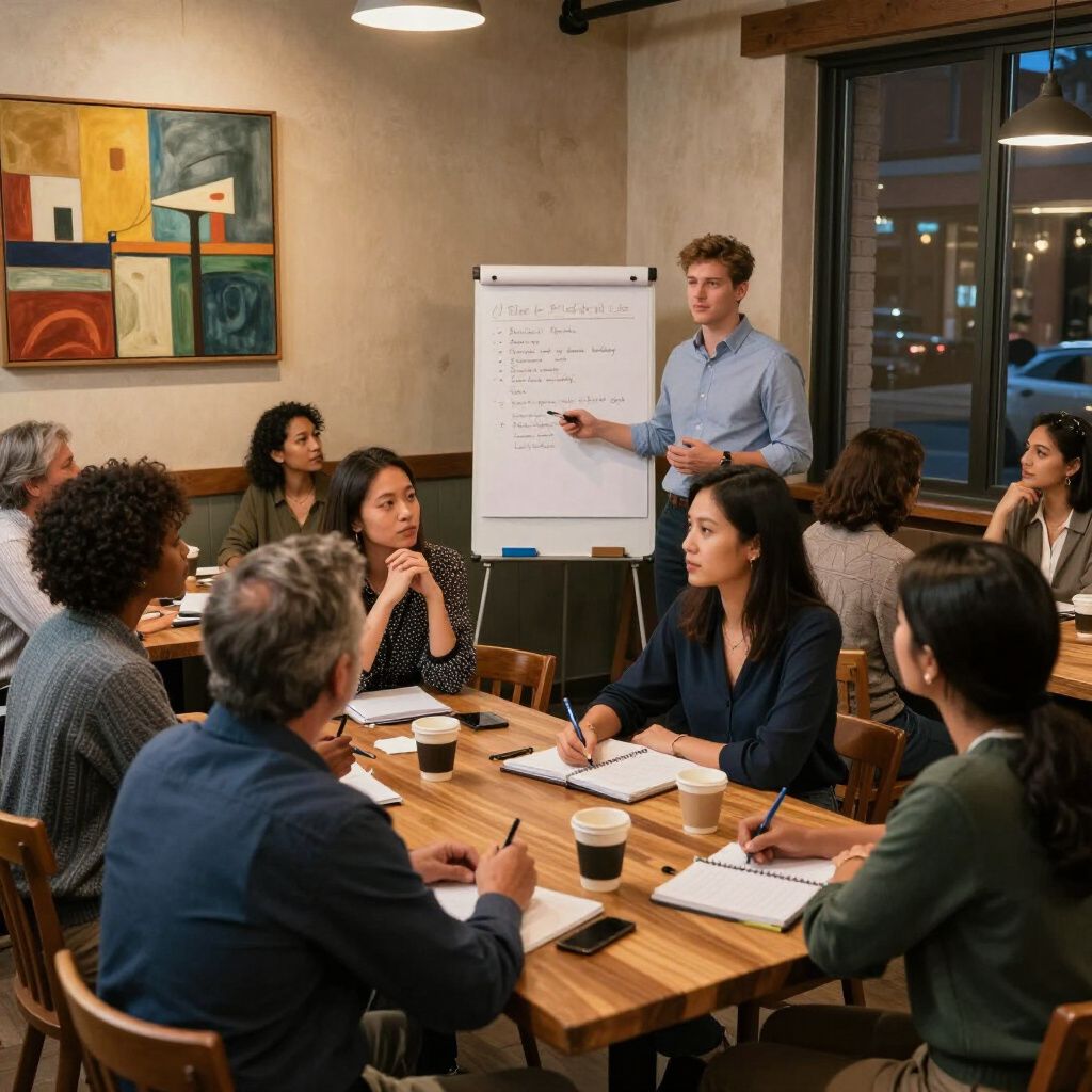 A business presentation in a meeting room; a man stands at a whiteboard, speaking to seated colleagues.