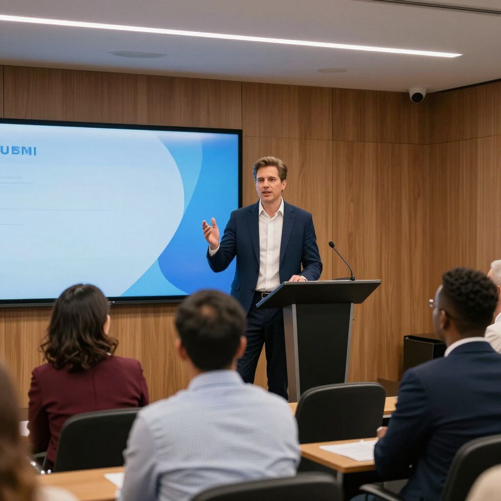 Man in suit presents to an audience in a conference room with a screen displaying text and a blue wave design.