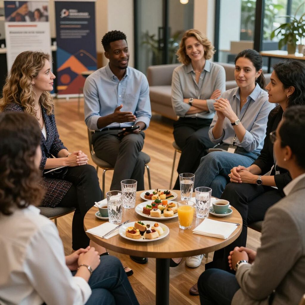 Group of people sitting around a table, engaged in a discussion. Snacks and drinks are on the table.