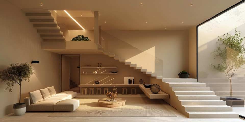 A modern, minimalist living room with beige tones, a sectional sofa, open staircase, and indoor plants by a large window.