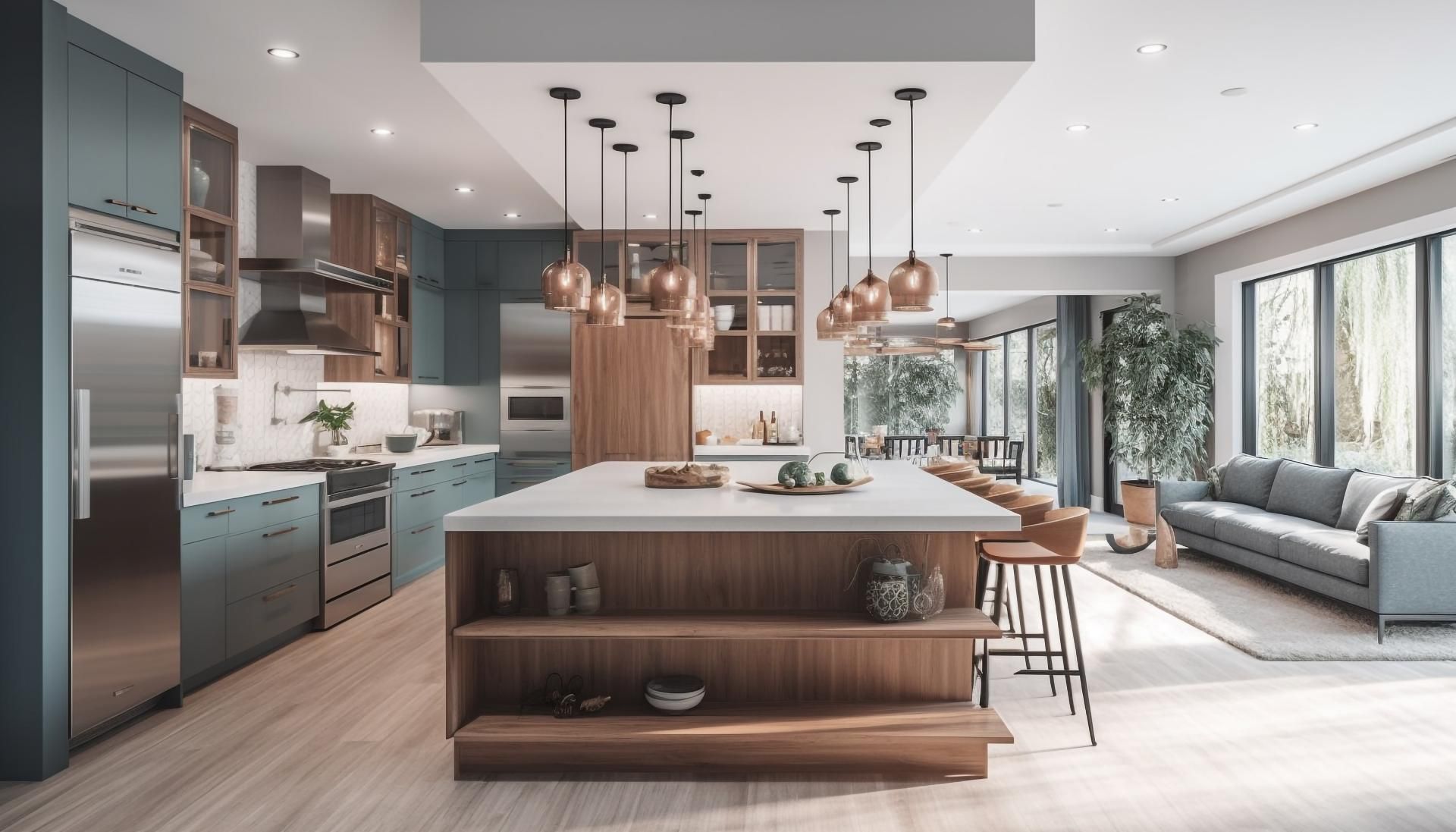 Modern kitchen with blue cabinetry, wooden island, and open to living area with large windows.