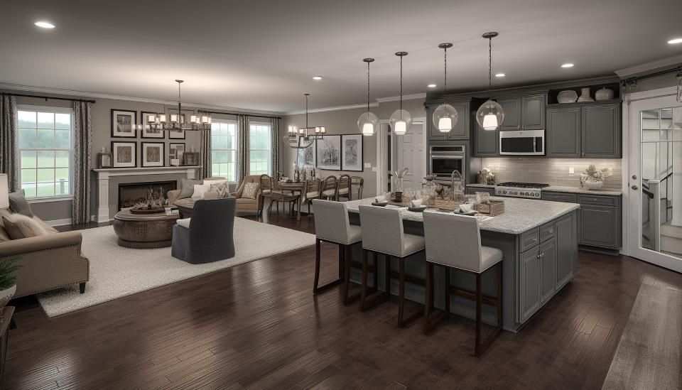 Open-concept living space with kitchen island, dining area, and fireplace, with natural light and wood floors.