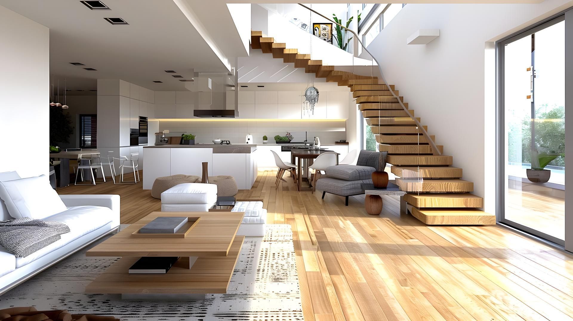Modern interior with a staircase, open kitchen, and living area with hardwood floors.