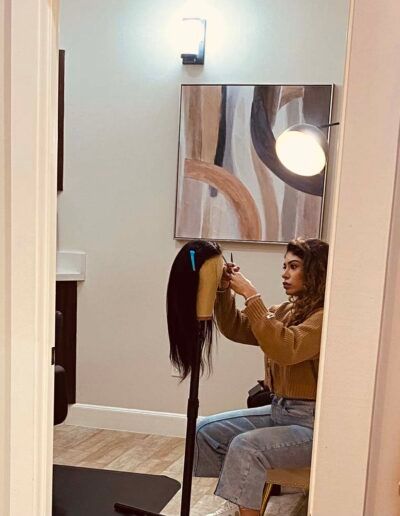 Woman trimming a wig on a mannequin head. She's in a room with a mirror and artwork.