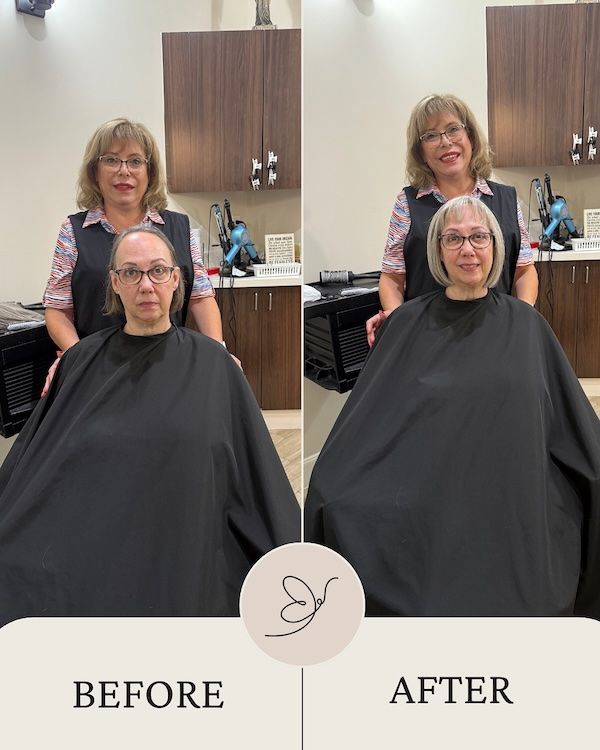 Before and after salon photos: woman in chair with haircut, two women behind her, salon setting.