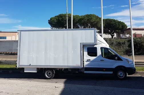 Un furgone bianco parcheggiato su una strada soleggiata accanto a un'area erbosa e ad alcuni alberi.