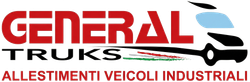 Logo per General Trucks, con testo rosso e nero, silhouette di un camion e sottotitolo in italiano “ALLESTIMENTI VEICOLI INDUSTRIALI”