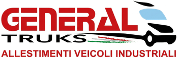 Logo per General Trucks, con testo rosso e nero, silhouette di un camion e sottotitolo in italiano “ALLESTIMENTI VEICOLI INDUSTRIALI”