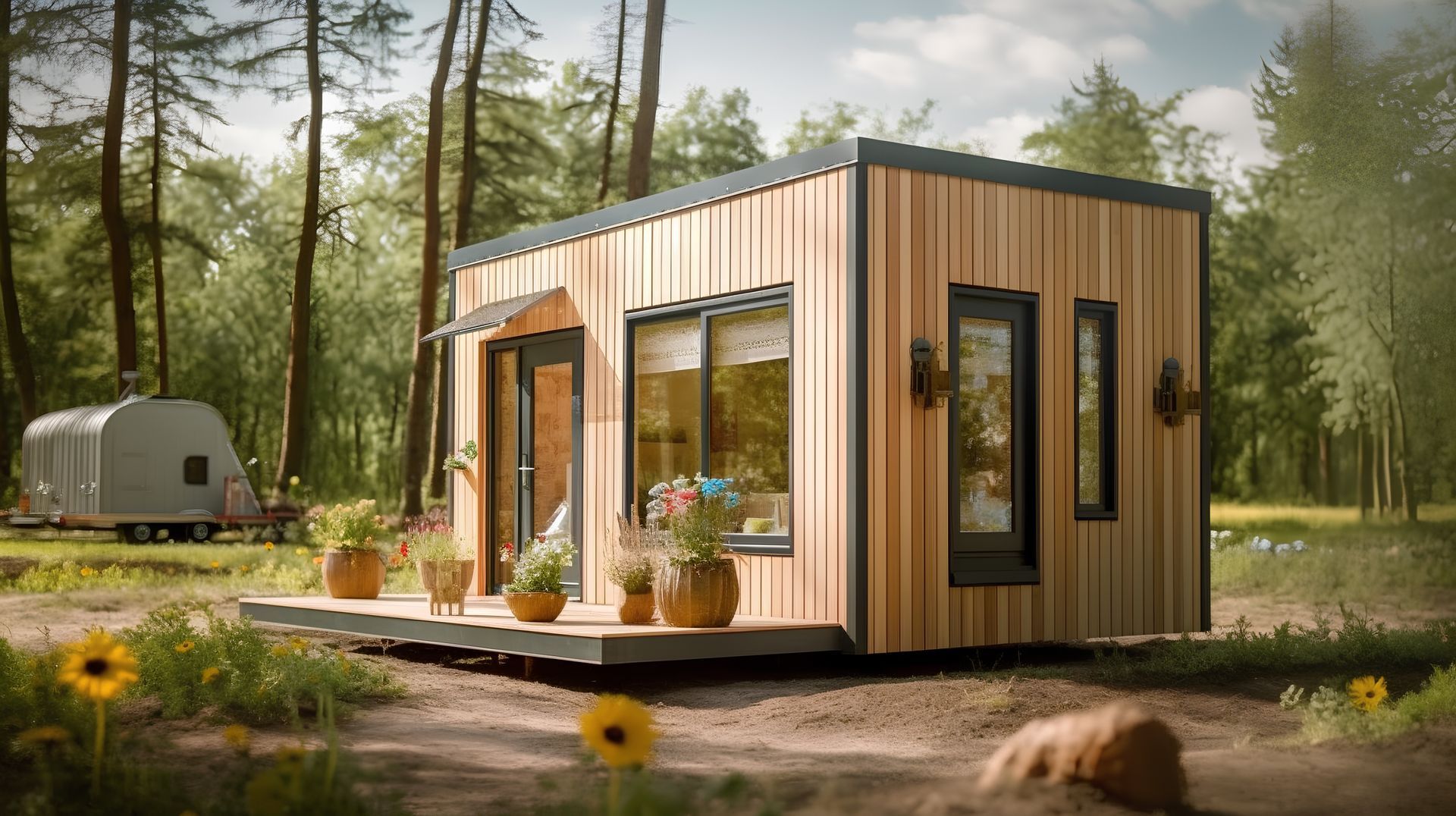 A small wooden house is sitting in the middle of a forest.