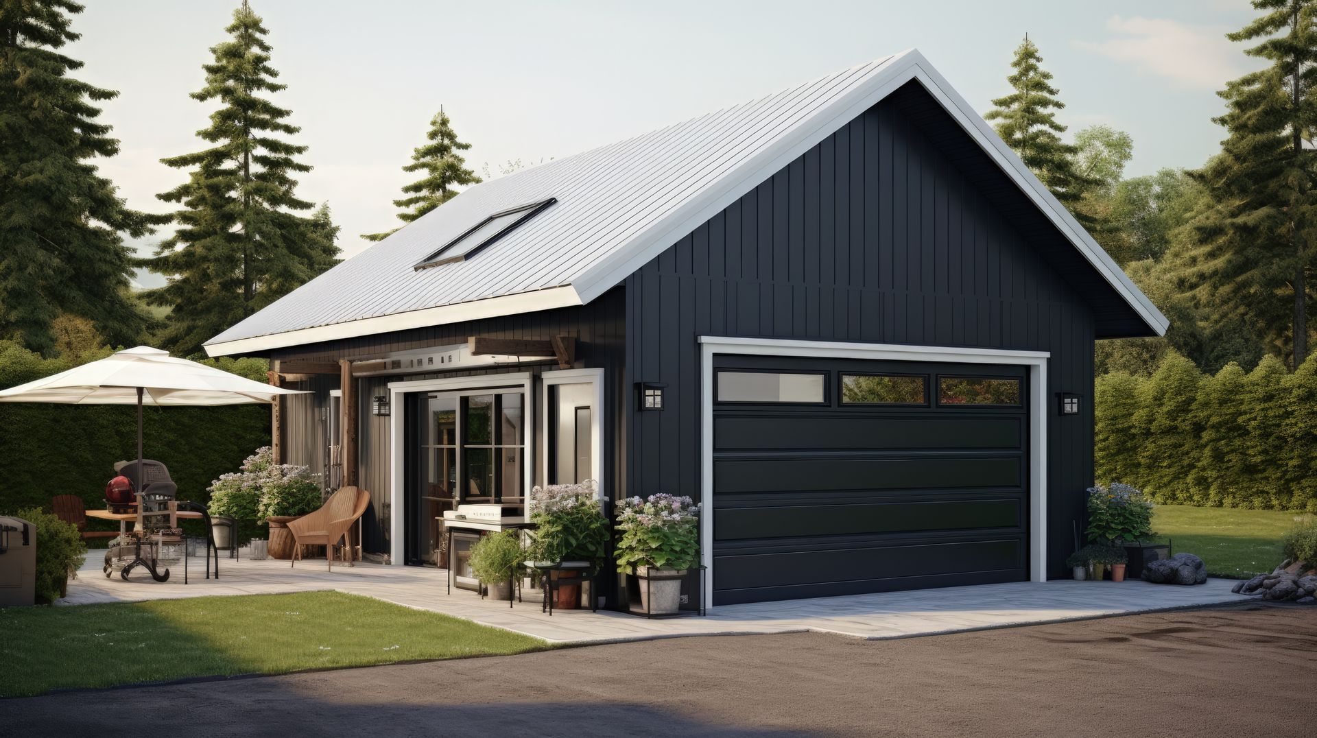 A black garage with a white roof is next to a house.
