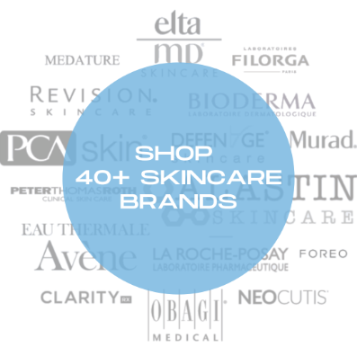 Blue circle with “SHOP 40+ SKINCARE BRANDS” over a collage of skincare brand logos.