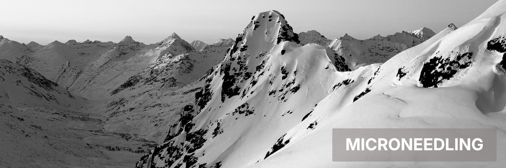 Snowy mountain landscape with the word “MICRONEEDLING” overlaid in the lower right.
